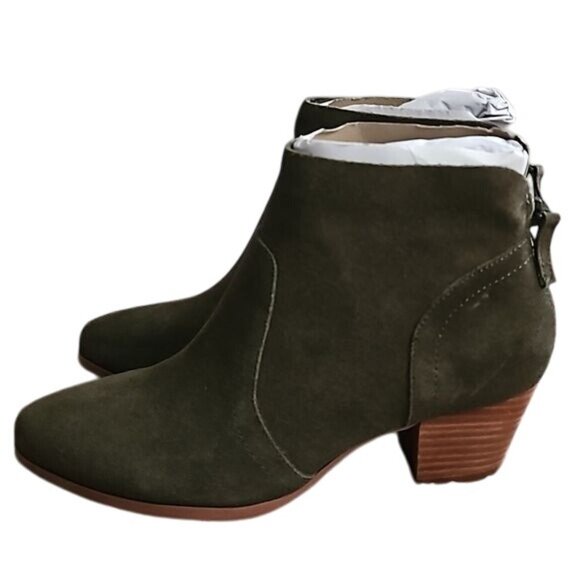 Violet & Red Suede Cupid Bootie Size 6.5 New Leather Block Heel Olive Green - Picture 2 of 9